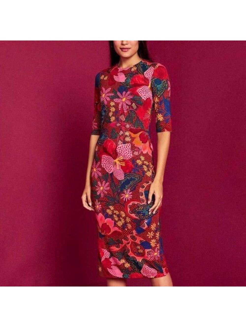 Farm Rio Floral Midi Dress Red Snake Print Holiday Vacation M